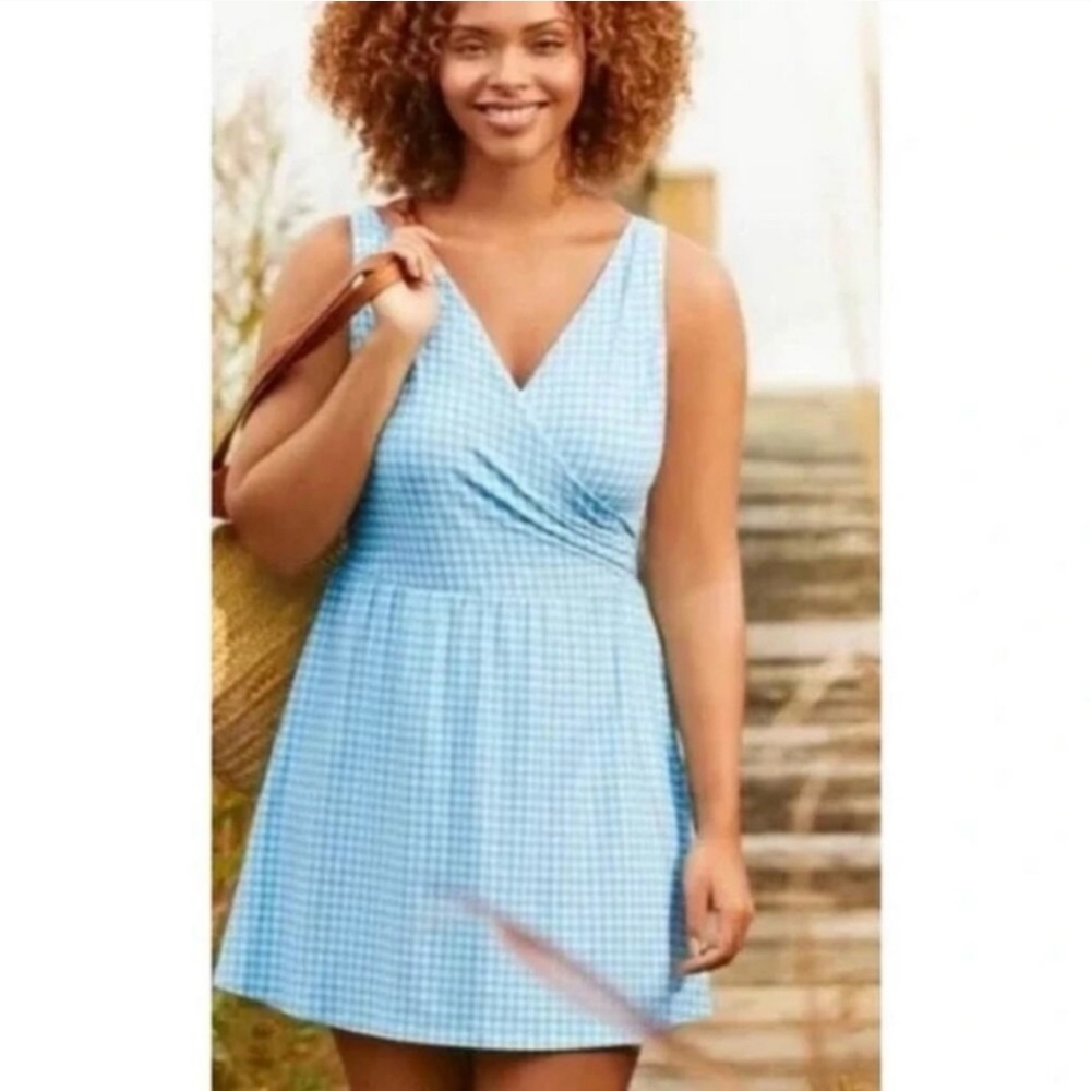 NWT Lands' End Aqua Blue Gingham Tummy Control Swim Dress Size 12 LONG Modest